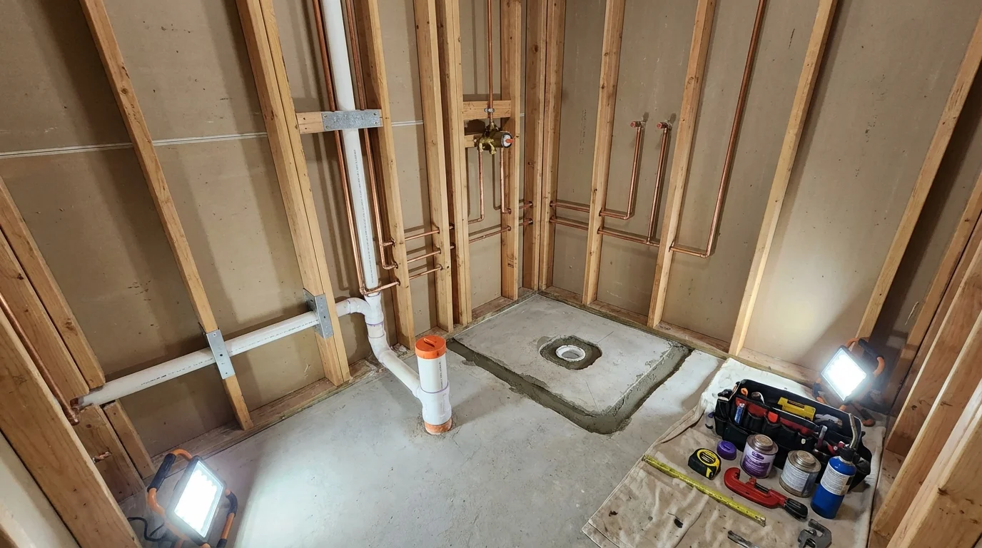 Bathroom rough-in plumbing during remodel by Johns Plumbing LLC in Farmersburg