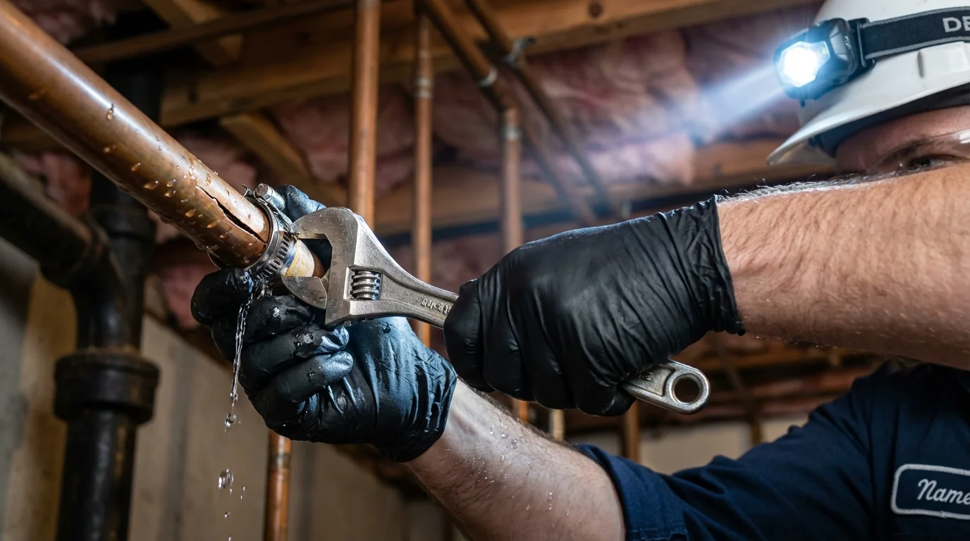 Emergency pipe clamp repair being performed by a Johns Plumbing LLC plumber in Farmersburg