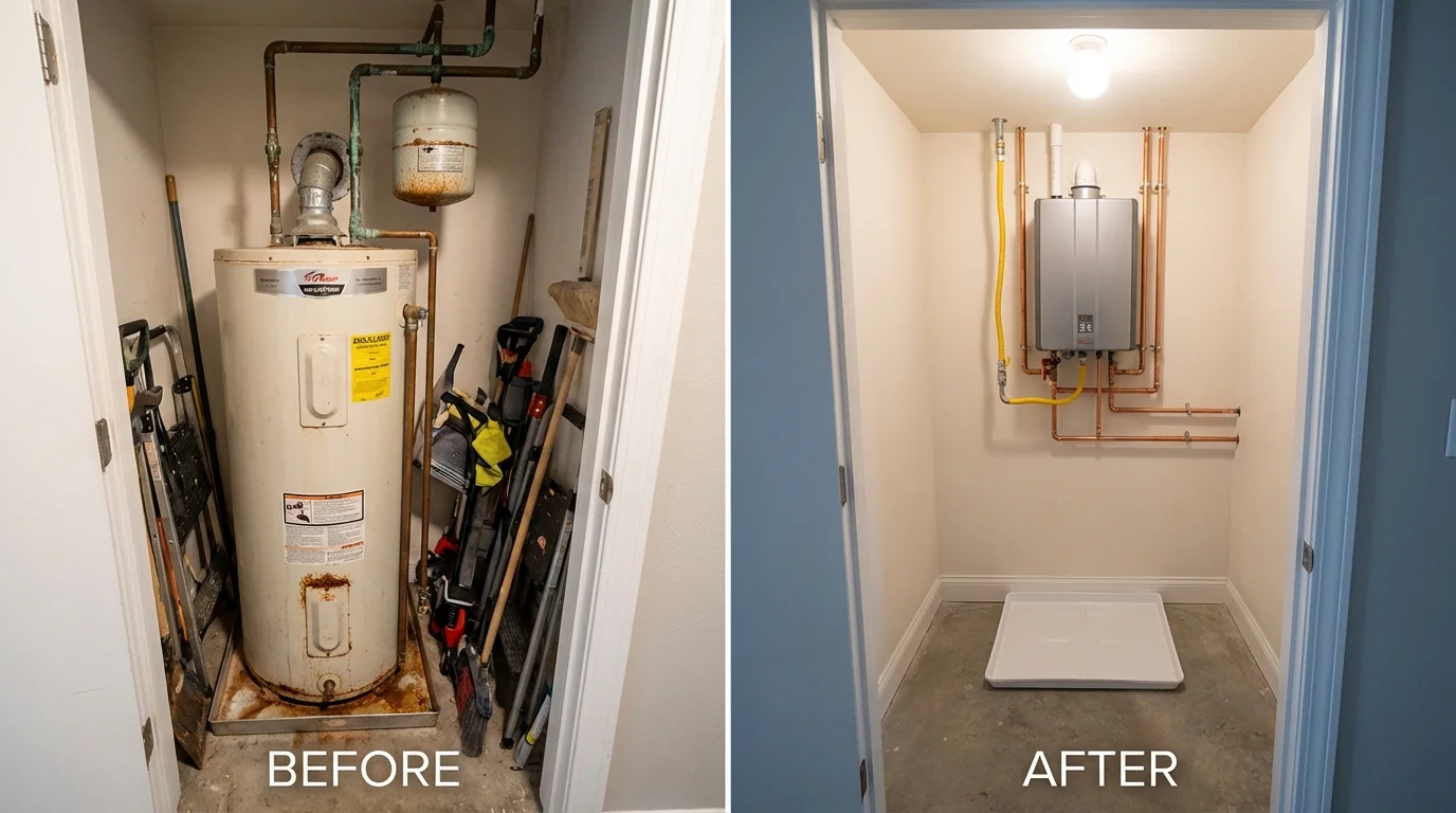 Tank water heater versus wall-mounted tankless unit comparison for Farmersburg, IN homeowners