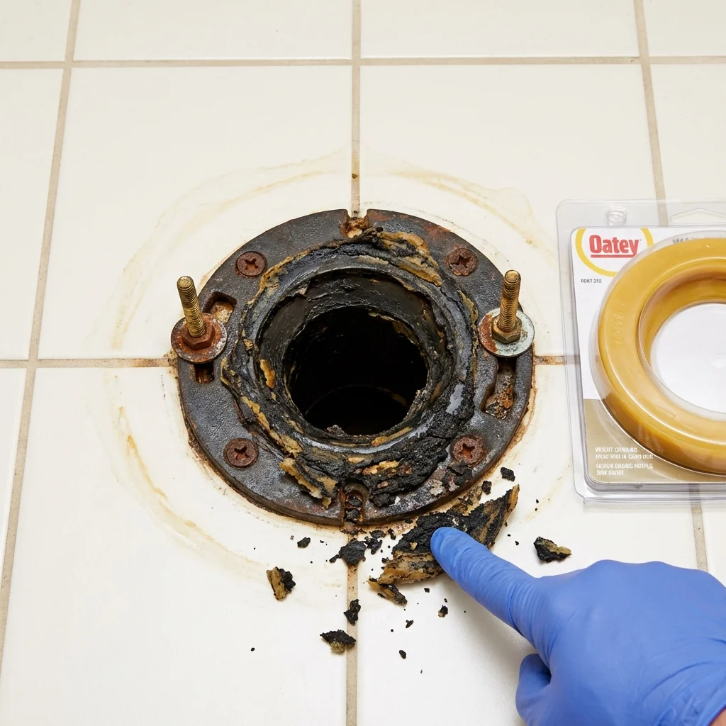 Failed wax ring showing water seepage at the base of a toilet in a Farmersburg, IN home