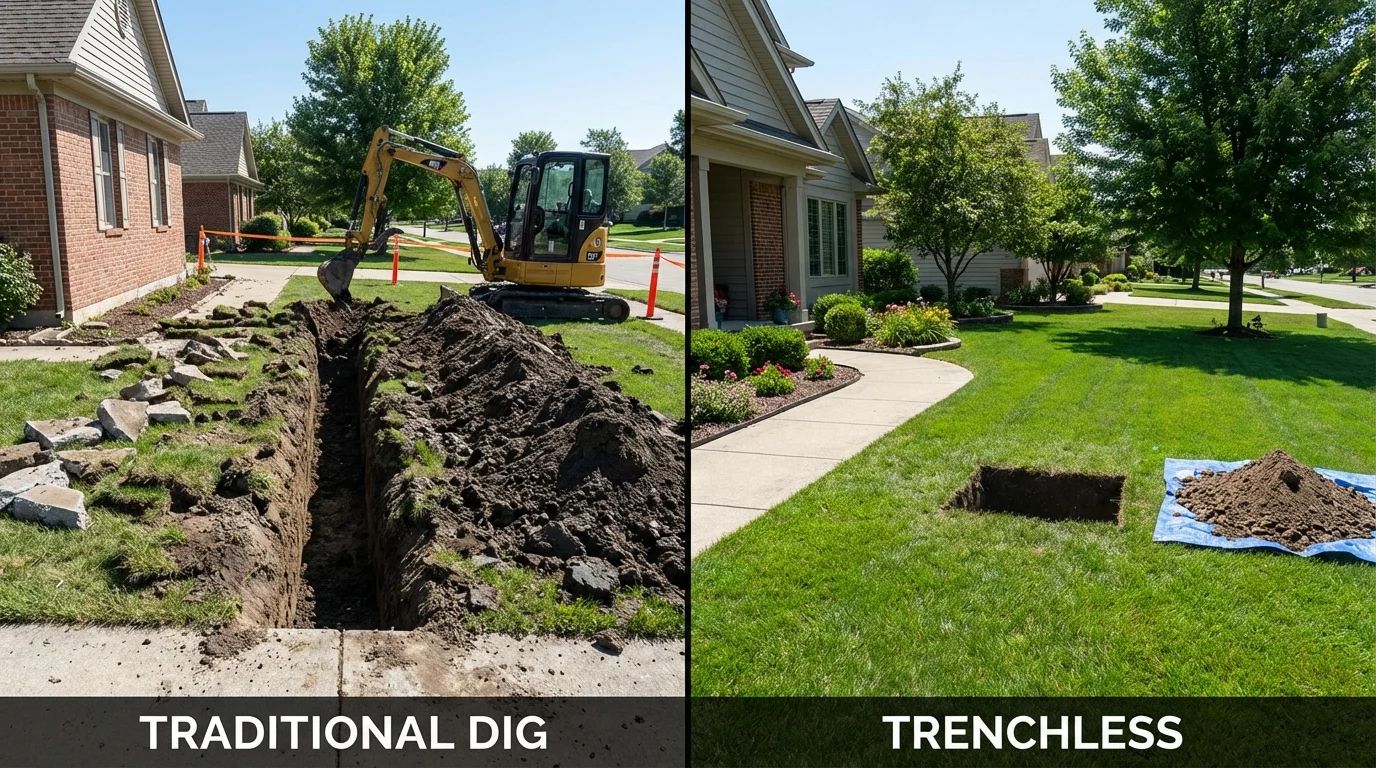 Trenchless sewer repair with minimal yard damage versus traditional excavation in Farmersburg, IN