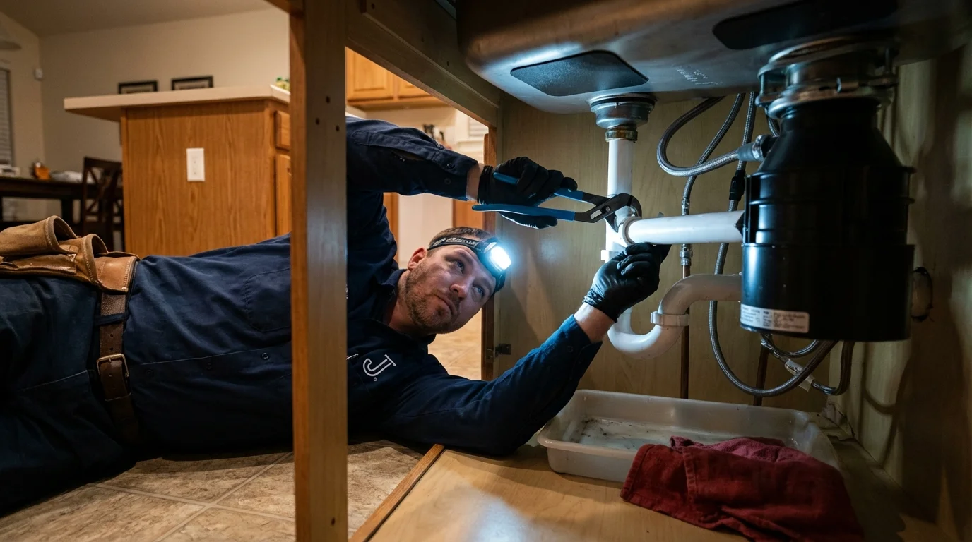 P-trap and supply line connections under a kitchen sink showing a common leak point in Farmersburg, IN